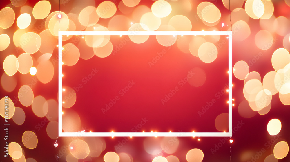 Aufkleber Red Valentine's Day background with glowing bokeh lights, white frame and small hearts hanging from a string light