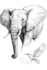 A detailed monochrome sketch of an elephant and a bird, showcasing intricate lines and textures.