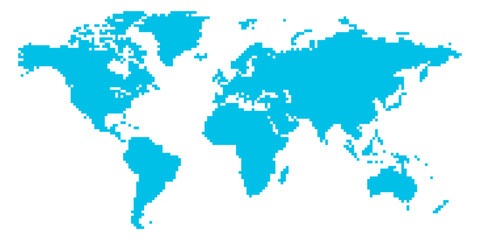 A pixelized vector representation of the world map highlights major continents in a bright blue color, providing a clear and simplified view of global geography and locations.