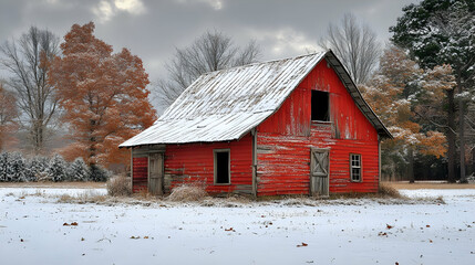 A snow-covered red barn stands in a winter field, surrounded by trees with autumn leaves.