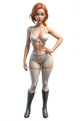 Stylized 3D female character with red hair, white bralette, high waisted shorts, and knee high boots, set against a plain white background.