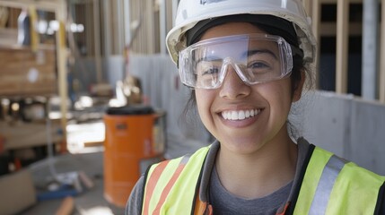 Smiling female construction worker in hard hat and safety glasses on a building site.