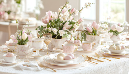 White wooden table with white plate and bowl, pastel colored Easter eggs, fresh garden flowers and brown paper wrapped gift, living room decor