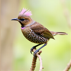 Western Bowerbird - Chlamydera guttata  endemic bird of Australia in Ptilonorhynchidae, brown with spots with a pink erectile crest on the nape, male constructs elaborate bower to attract females