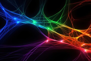 Colorful neural network with vibrant interconnected fibers on black background