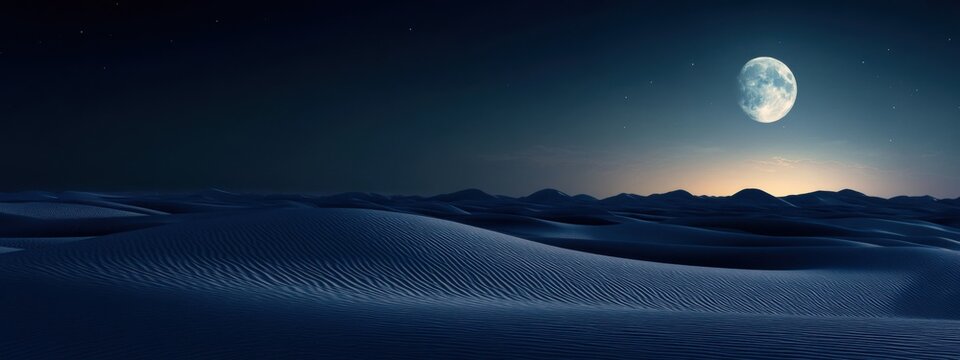 A mystical view of the Sahara Desert under a full moon, with sand dunes stretching to the horizon, Sahara Desert moonlit scene