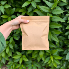 A person in green clothing holds a brown package against a backdrop of lush green leaves, conveying a connection between nature and human activity.