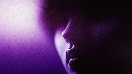 Fototapeta premium Dark silhouette, female profile, vibrant neon colors, purple and blue gradient background, hair blowing, mysterious atmosphere, high contrast, dramatic lighting, cinematic style, abstract portrait, fu