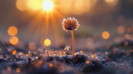 Sunrise dew drops on a small plant.