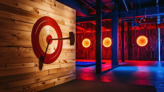Indoor axe throwing venue with target boards and wooden walls in vibrant lighting