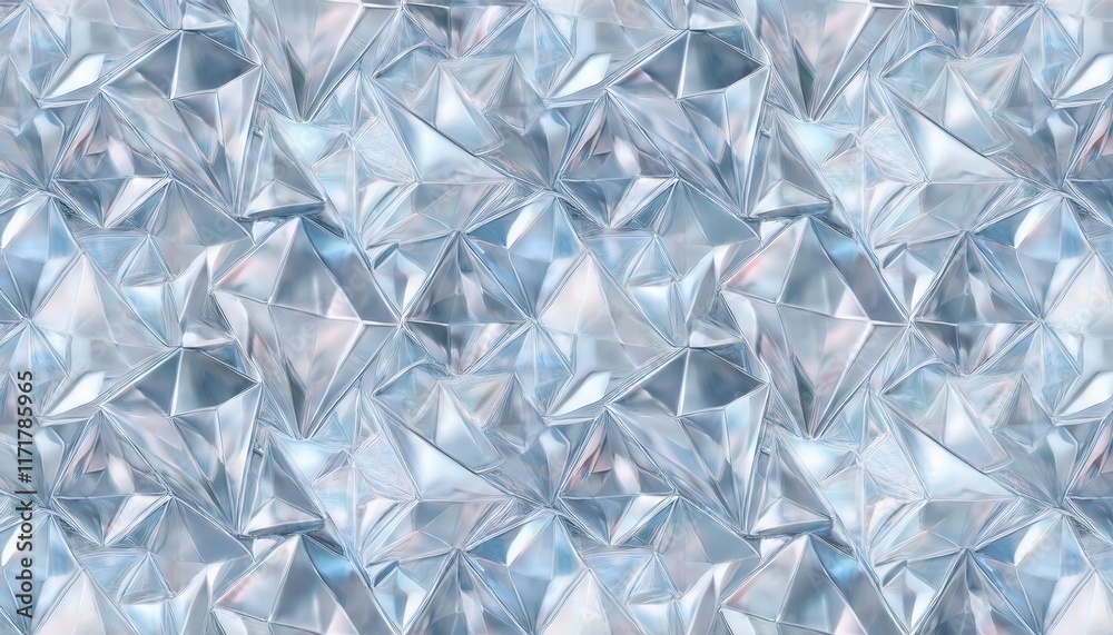 Poster crystalline frosted glass pattern with intricate geometric triangular facets, reflective ice like te