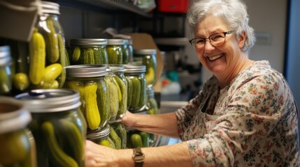 Pickle Time Week Elderly caucasian female smiling while organizing pickled cucumbers in jars Pickle Time Week