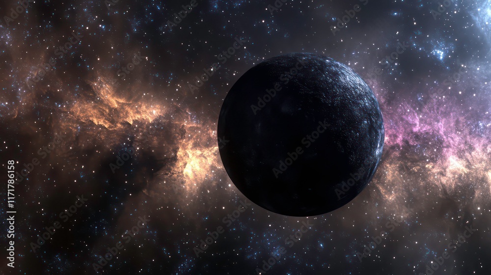 Poster a dark planet floats in a vibrant nebula, surrounded by colorful cosmic dust and stars.