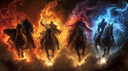 Biblical Prophecies:Four Horsemen of Apocalypse, riding dark horses against fiery backdrop, symbolizing Plague, War, Famine, Death and end of world.Dramatic and ominous scene.AI Generated.