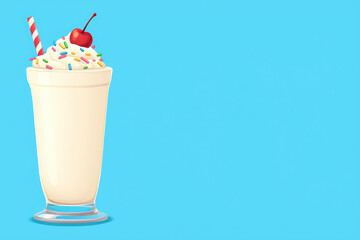 Classic milkshake with cherry and sprinkles on blue background