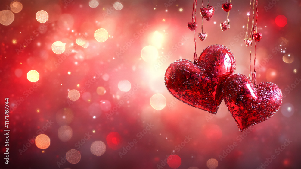 Poster sparkling red hearts dangling against blurred crimson backdrop, generating romantic valentine's mood