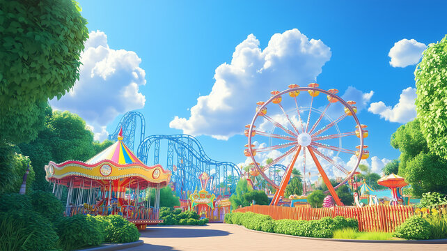 青空とカラフルな遊園地