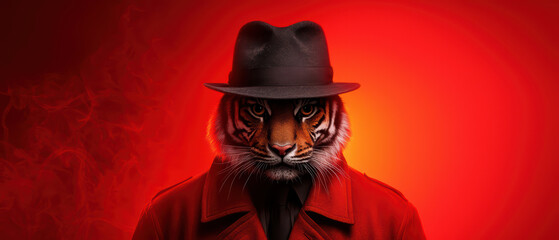 tiger wearing hat and coat in dramatic red background