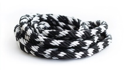 Close-up of a coiled black and white rope, isolated on white background.