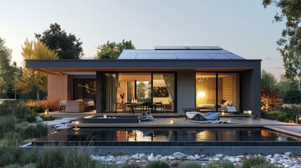 Obraz premium A modern house with large windows sits by a serene pool. Concept of contemporary architecture and sustainable living. For real estate promotion