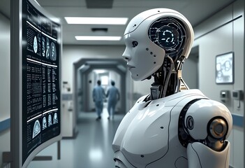 Fototapeta premium Robot analyzes brain scans in a futuristic medical lab setting with high-tech equipment