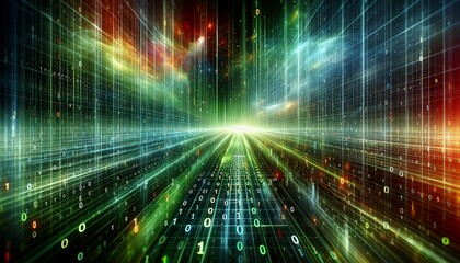 Green and yellow binary code flowing on a dark background, symbolizing data and technology.