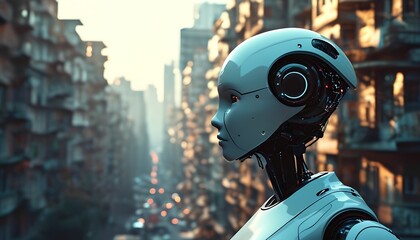 Fototapeta premium A humanoid robot is positioned against a vibrant city backdrop, observing bustling streets filled with traffic as the sun sets, casting a warm glow on the buildings.