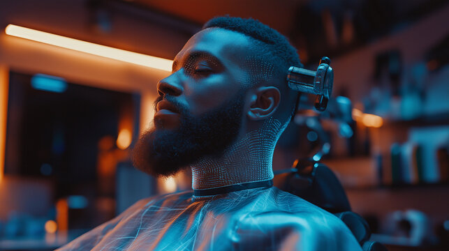 a robotic beard grooming system in action, with the robot applying customized grooming to a black man's beard, carefully trimming and styling with precise movements Generative AI
