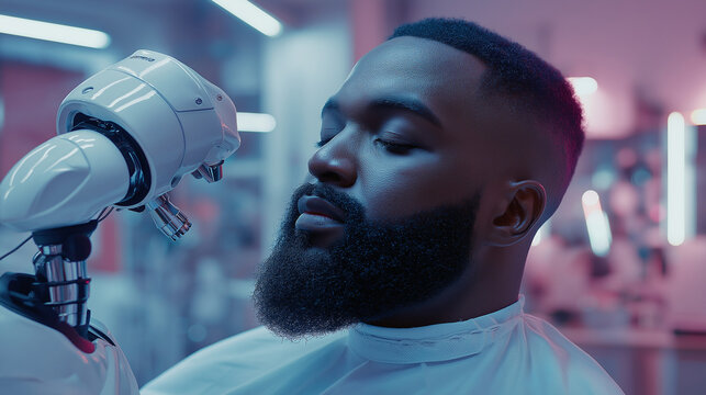 a robotic beard grooming system in action, with the robot applying customized grooming to a black man's beard, carefully trimming and styling with precise movements Generative AI