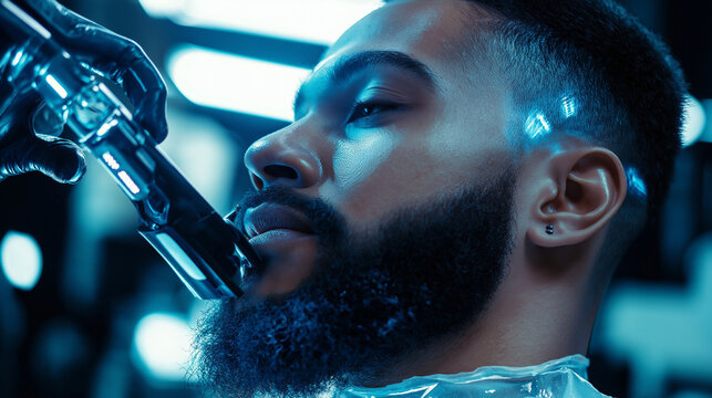 a robotic beard grooming system in action, with the robot applying customized grooming to a black man's beard, carefully trimming and styling with precise movements Generative AI