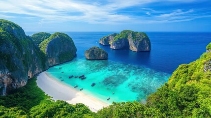 Obraz premium Idyllic tropical bay with turquoise water, white sand beach, and lush green hills. Boats are anchored near the shore.