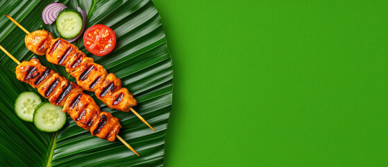 Grilled chicken skewers on green leaf background