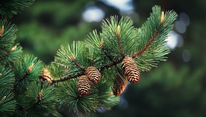a close up shot of a pine tree with cones