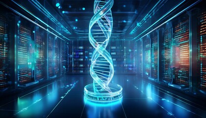 glowing digital dna helix displaying dynamic data storage on large screen in data center