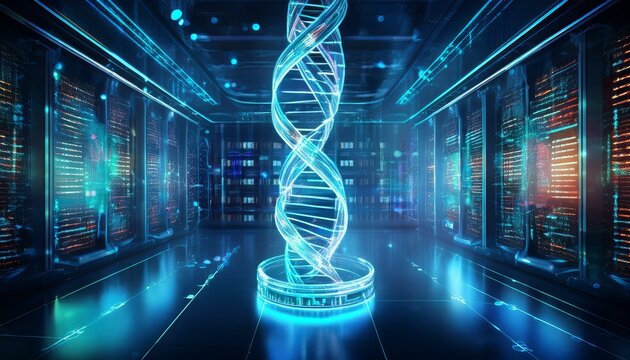 glowing digital dna helix displaying dynamic data storage on large screen in data center