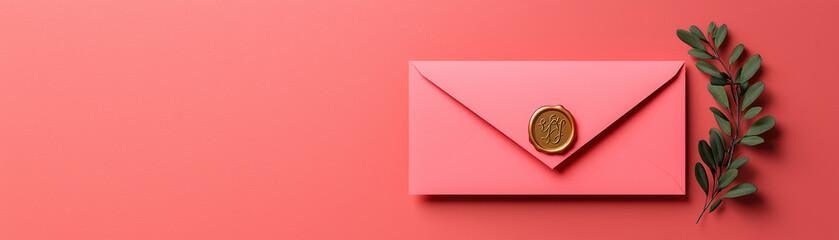 minimalistic pink envelope with wax seal and greenery