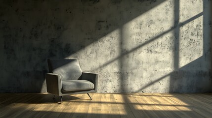 コンクリートの壁を背に木の床に置かれた灰色のアームチェア