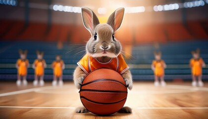 cute bunny wearing basketball uniform holding ball on court