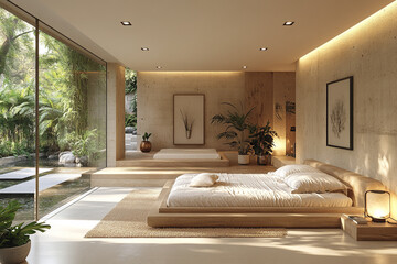 Serene Minimalist Bedroom Design With Tranquil Garden View