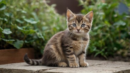 Fototapeta premium Brown mackerel kitten , sitting in the garden 