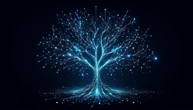 A technology tree symbolizing digital connections and AI, in a creative and futuristic design.