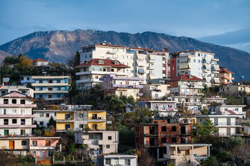 Houses and residential apartment blocks in the mountains at the suburbs of Tirana, Albania