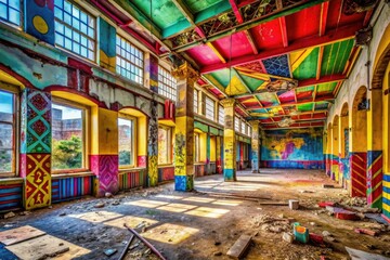 Fototapeta premium Bold colors explode in abandoned urban spaces; Pop Art meets urban exploration photography.