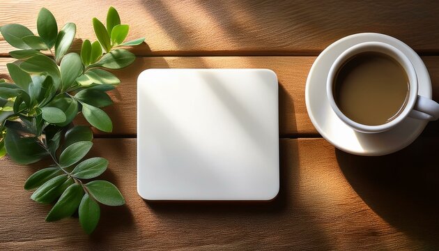 blank square coaster on a rustic wooden table with a white coffee cup and greenery under soft natural light ideal for branding and promotional product displays