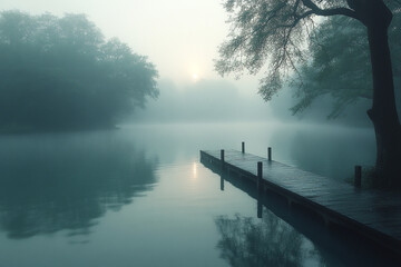 Misty Morning Dock Serene Lake Trees Sunrise