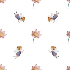Flower fairy seamless pattern. Spring fairy watercolor design