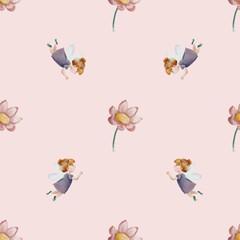 Flower fairy seamless pattern. Spring fairy watercolor design