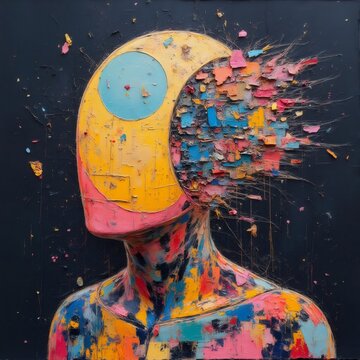 Figura humana abstracta fragment&aacute;ndose con colores vibrantes sobre fondo oscuro
