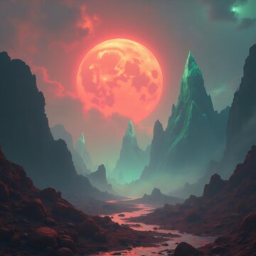 La imagen muestra un paisaje surrealista y fant&aacute;stico con una gran luna roja luminosa que domina el cielo, emitiendo una luz roja que cubre todo el paisaje. El terreno es monta&ntilde;oso y escabroso, con pi