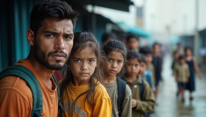 Fototapeta premium People stand in shelter line. Many children, one adult wait anxiously. Disaster survivors seek refuge in temporary housing. Emotional weight of situation evident in expressions. Shelter provides